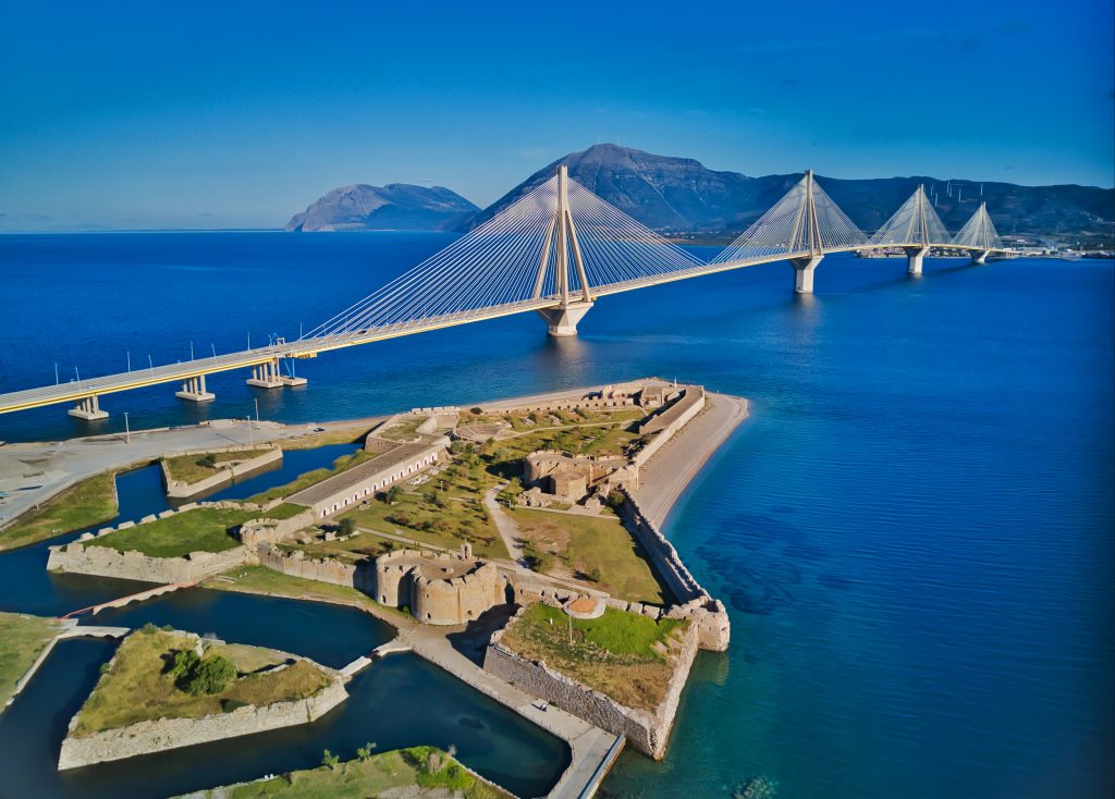 Fortress and bridge of Rio Antirio, Patra, Peloponnese, Greece.