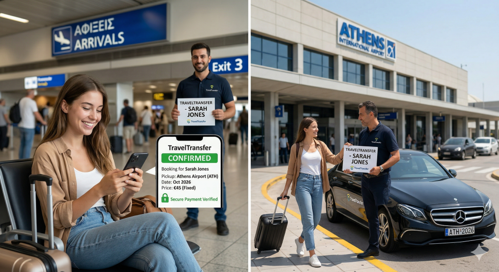 A female traveler confidently confirms her booking on her mobile phone in the terminal, while the friendly TravelTransfer driver is already visible waiting for her.